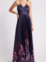 Julia Jordan Placed Floral Pleated Satin Dress In Purple Multi