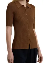 Lauren Ralph Lauren Rib-knit Elbow-sleeve Polo Cardigan In Dark Terracotta