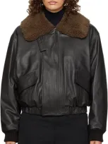 Lemaire Women Leather Blouson With Shearling Collar In Br507 Dark Espresso