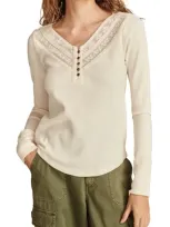 Lucky Brand Lace Detail Cotton Rib Henley Top In Cream