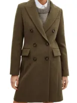 Mango Double Breasted Longline Coat In Khaki Green