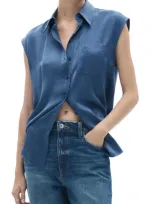 Mango Hammered Satin Cap Sleeve Button-up Shirt In Blue