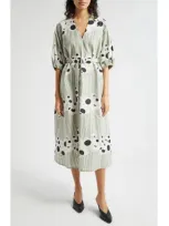 Marimekko Aiva Lammet Belted Midi Dress In Greyish Green White Dk Grey