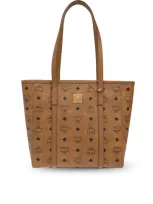 Mcm Monogrammed Logo Plaque Tote Bag In Brown