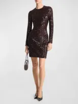 Michael Kors Sequin Long Sleeve Mini Dress In Chocolate