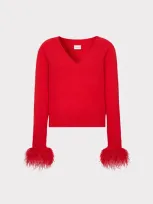 Milly Feather Cuff V-neck Long Sleeve Sweater In Red