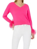 Milly Feather Cuff V-neck Long Sleeve Sweater In  Pink