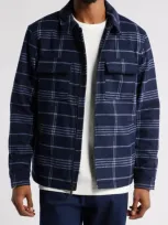 Open Edit Plaid Flannel Zip-up Shirt Jacket In Navy- Grey Grid Plaid