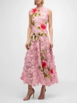 Oscar De La Renta Hibiscus Embroidered Sleeveless Floral Guipure Lace Midi Dress In Soft Pink