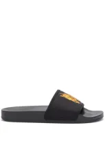 Palm Angels Flame Monogram-print Slides In Black