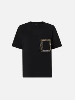 Pinko Cotton T-shirt With Pocket Embroidered With Crystals In Nero Limousine