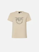 Pinko T-shirt With Crystal-embroidered Love Birds Logo In Blanc Lait