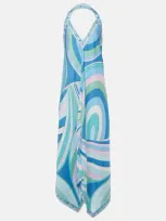 Pucci Iride-print Halterneck Silk Dress In Celeste Bianco