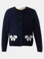 Rachel Riley Kids' Girl's Cardigan W/ Bow Intarsia In Navy