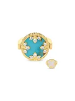 Roberto Coin 18k Yellow Gold Venetian Princess Medallion Turquoise, Mother Of Pearl & Diamond Reversible Ring In Blue/white