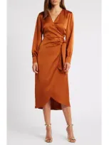 Sam Edelman Fluid Long Sleeve Satin Faux Wrap Midi Dress In Copper