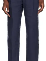 Sunspel Navy Pleated Linen Trousers In Light Navy