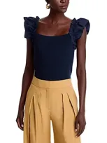 T Tahari Flutter Sleeve Top In Navy