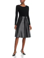 T Tahari Mixed Media Long Sleeve Midi Dress In Black