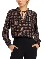 T Tahari Printed Split Neck Smocked Cuff Blouse In Icon Dot