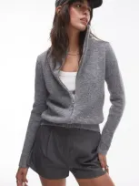 Topshop Fluffy Zip Cardigan In Grey