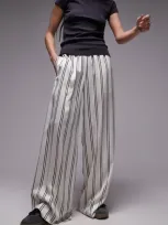 Topshop Stripe Wide Leg Satin Pants In Cream