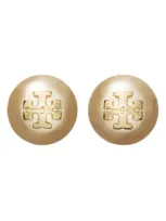 Tory Burch Swarovski Crystal Pearl Logo Stud Earrings In Tory Gold