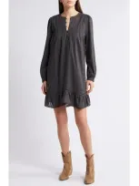 Treasure & Bond Long Sleeve Cotton Voile Shift Dress In Black Coal