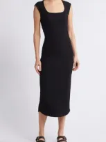 Treasure & Bond Rib Square Neck Midi Dress In Black