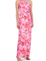 Vince Camuto Floral One-shoulder Satin Sheath Gown In Bright Fuschia