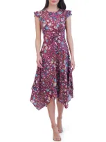 Vince Camuto Floral Satin High-low Dress In Burgundy