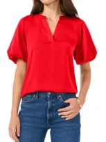 Vince Camuto Hammered Satin Puff Sleeve Top In Bright Red