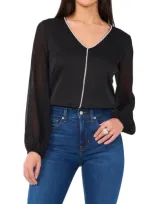 Vince Camuto Rhinestone Chiffon Sleeve Top In Rich Black