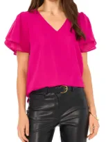 Vince Camuto V-neck Tulip Sleeve Chiffon Top In Berry Pink