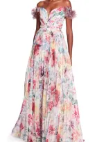 Marchesa Notte Off The Shoulder Print Gown In Ivory Multi