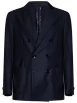 Etro Blue Pinstriped Double-breasted Jacket In Navy