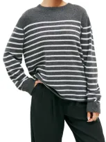 Reformation Cashmere Boyfriend Sweater In Charcoal With Ivory Stripe