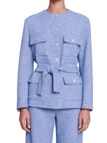 Maje Venablito Tweed Belted Blazer In Blue