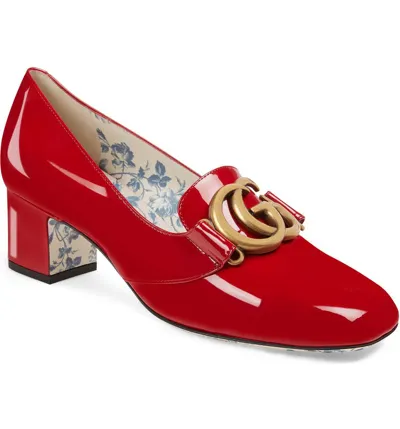 Gucci Patent Leather Mid-heel Pumps With Double G In Red