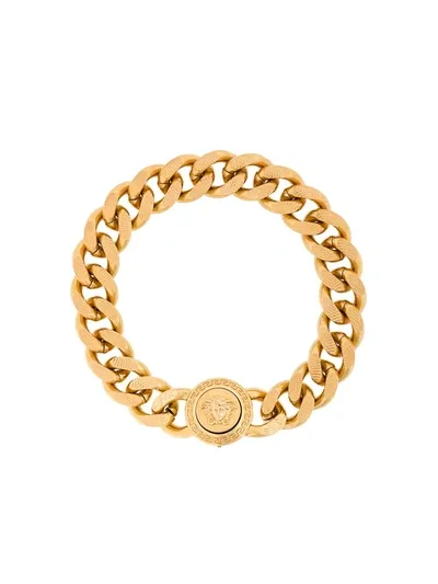 Versace Mans Golden Metal Chain Bracelet With Logo In Metallic