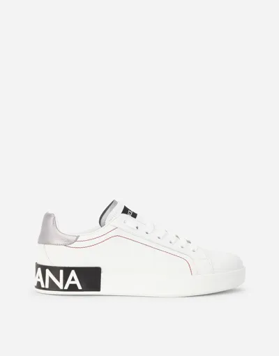 Dolce & Gabbana Calfskin Nappa Portofino Sneakers In White/silver