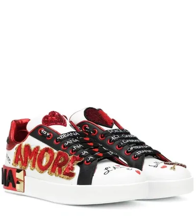 Dolce & Gabbana Portofino Sneakers In White Leather With Applications In Multi