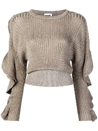 Chloé Scallop Sleeve Lurex Rib Knit Sweater In Green