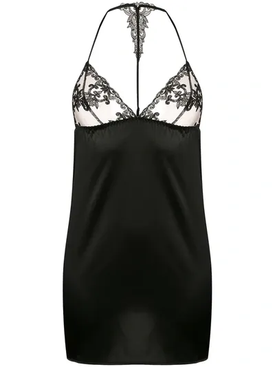 Fleur Of England Onyx Lace-cup Silk-blend Nightdress In Black