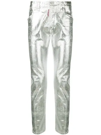 Dsquared2 16cm Skater Metallic Waxed Denim Jeans In Silver