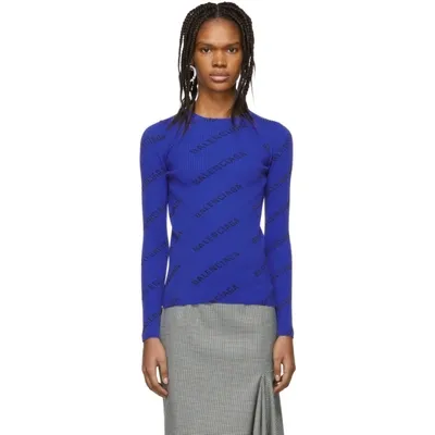 Balenciaga Allover Logo Ribbed-knit Sweater In Bright Blue