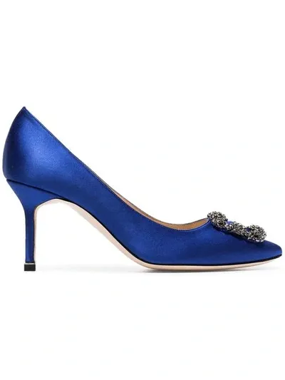 Manolo Blahnik Blue Hangisi 70 Silk Satin Leather Pumps