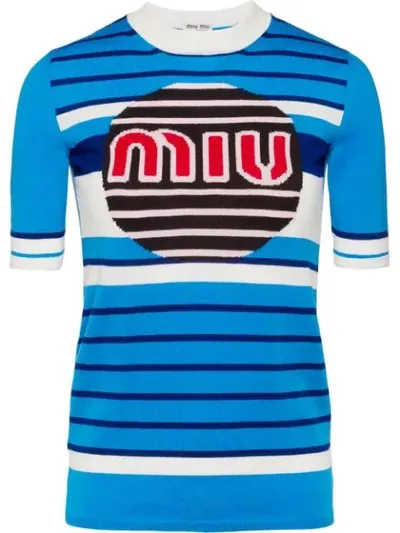 Miu Miu Short Sleeve Intarsia Logo Sweater In Blue