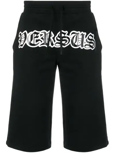 Versus Logo Print Cotton Jersey Shorts In Black