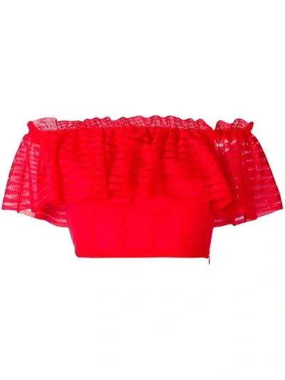 Alexander Mcqueen Off-the-shoulder Cropped Lace And Open-knit Top In Lust Red